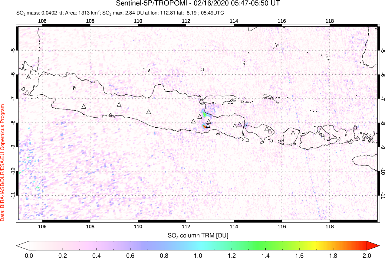 A sulfur dioxide image over Java, Indonesia on Feb 16, 2020.