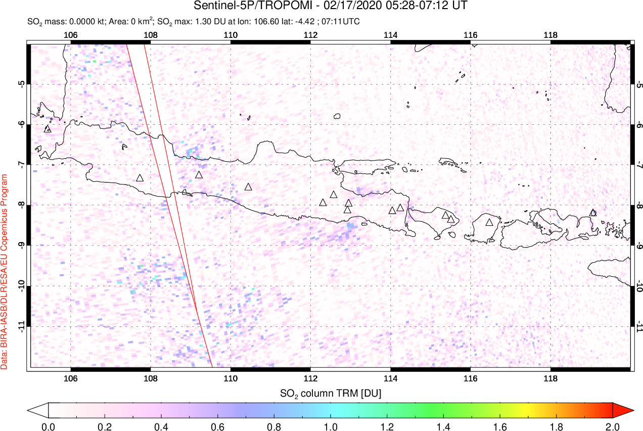 A sulfur dioxide image over Java, Indonesia on Feb 17, 2020.