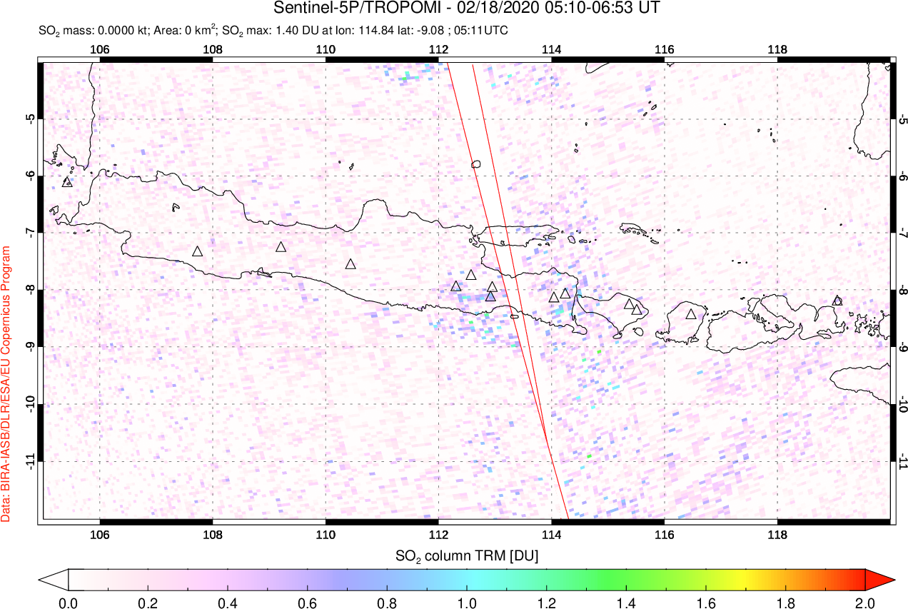 A sulfur dioxide image over Java, Indonesia on Feb 18, 2020.