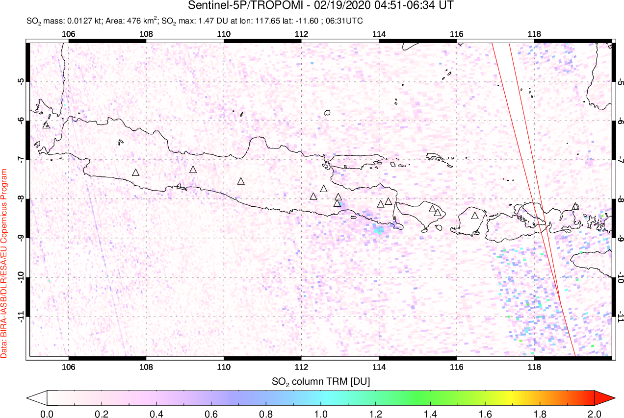 A sulfur dioxide image over Java, Indonesia on Feb 19, 2020.