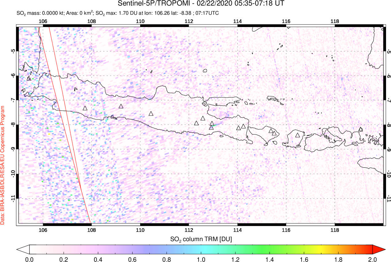 A sulfur dioxide image over Java, Indonesia on Feb 22, 2020.