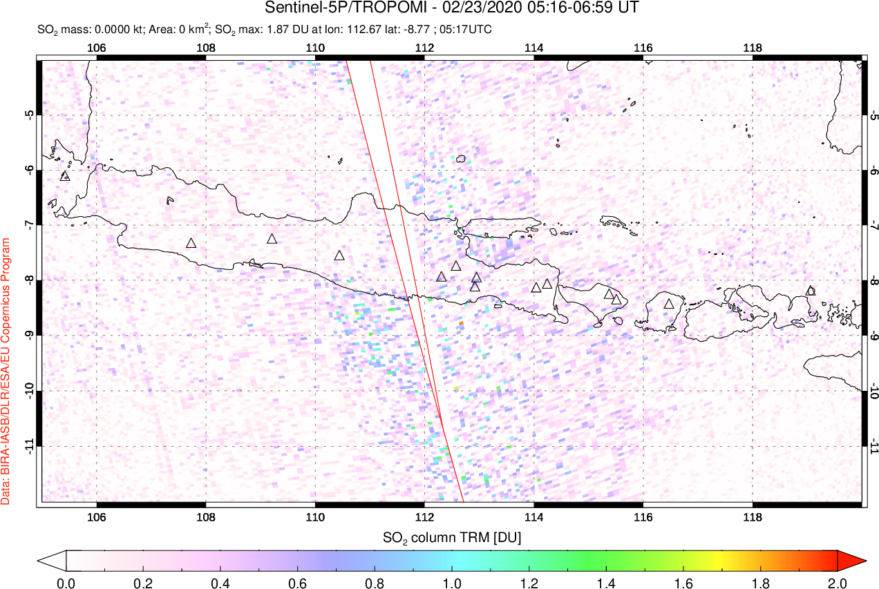 A sulfur dioxide image over Java, Indonesia on Feb 23, 2020.