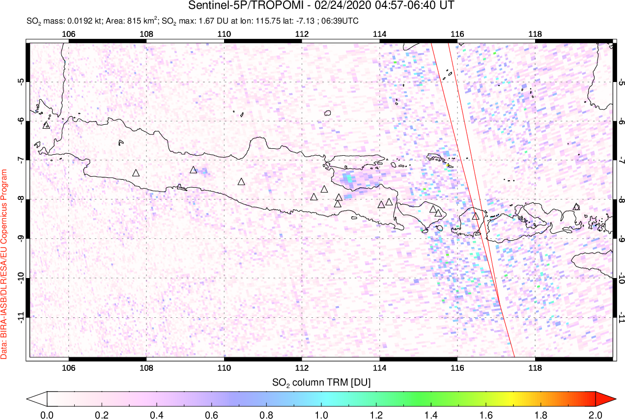 A sulfur dioxide image over Java, Indonesia on Feb 24, 2020.
