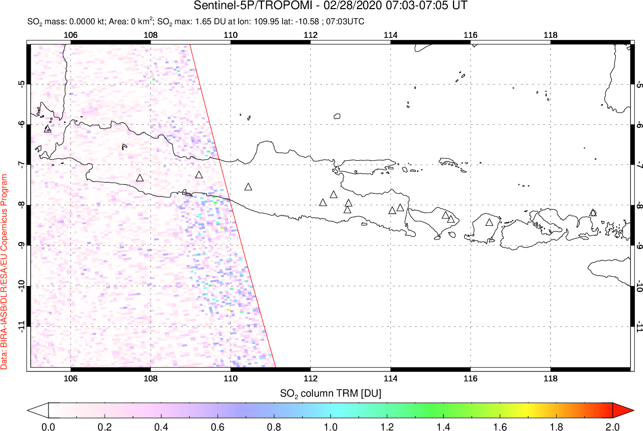 A sulfur dioxide image over Java, Indonesia on Feb 28, 2020.