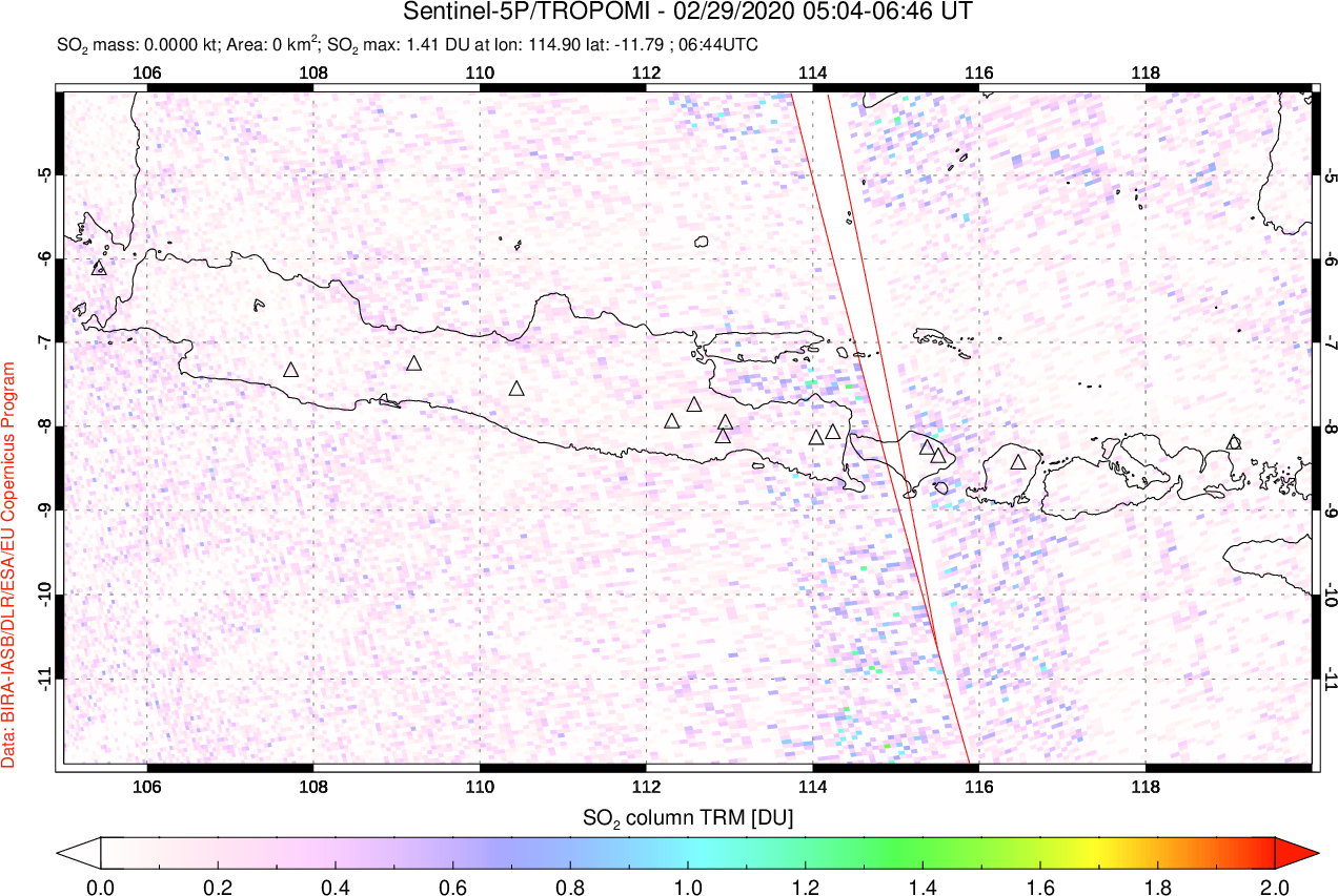 A sulfur dioxide image over Java, Indonesia on Feb 29, 2020.