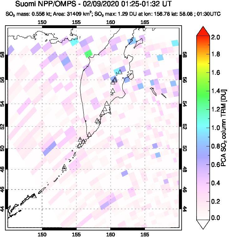 A sulfur dioxide image over Kamchatka, Russian Federation on Feb 09, 2020.