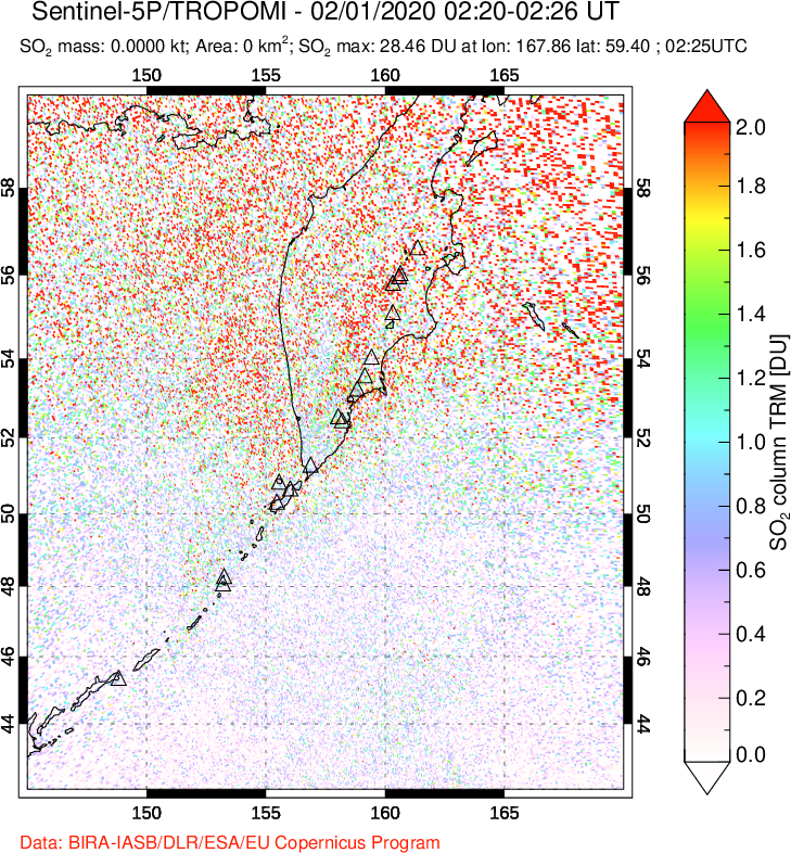 A sulfur dioxide image over Kamchatka, Russian Federation on Feb 01, 2020.