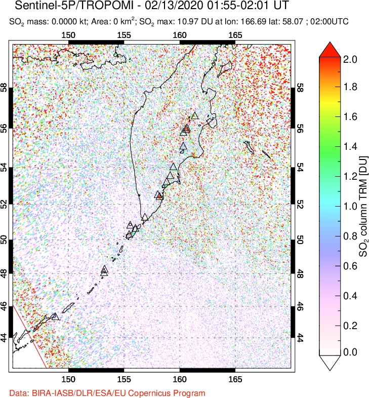 A sulfur dioxide image over Kamchatka, Russian Federation on Feb 13, 2020.