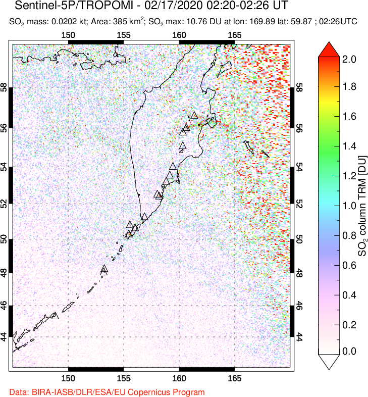 A sulfur dioxide image over Kamchatka, Russian Federation on Feb 17, 2020.