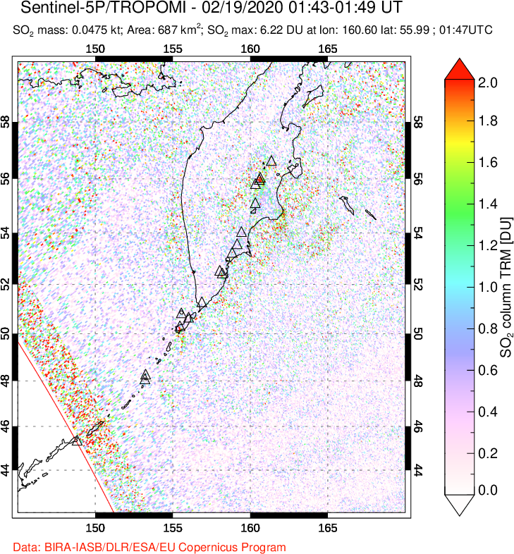 A sulfur dioxide image over Kamchatka, Russian Federation on Feb 19, 2020.