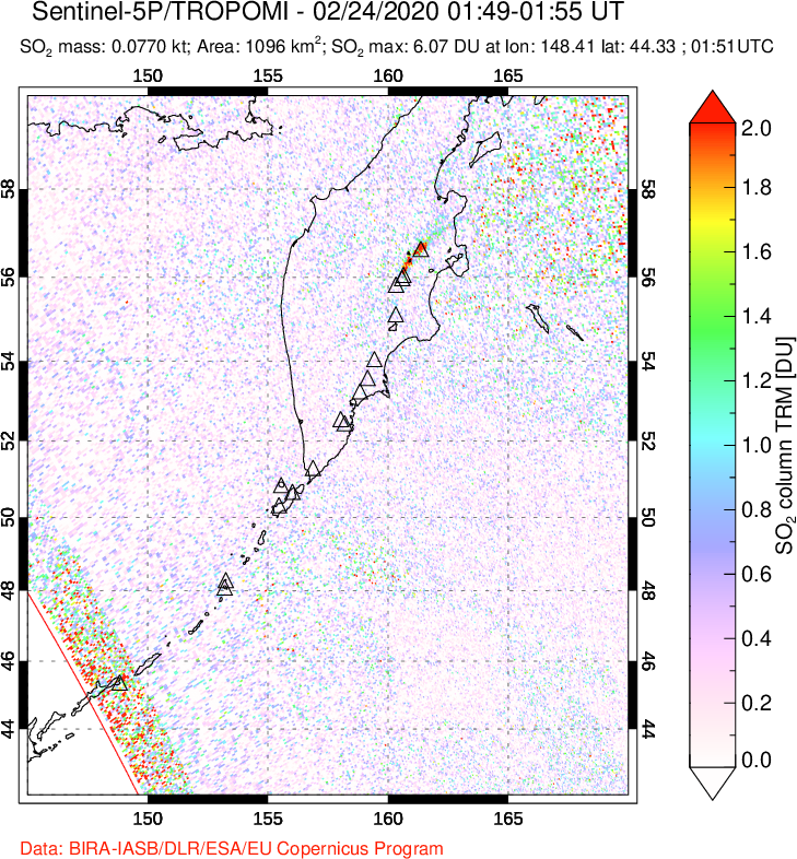 A sulfur dioxide image over Kamchatka, Russian Federation on Feb 24, 2020.