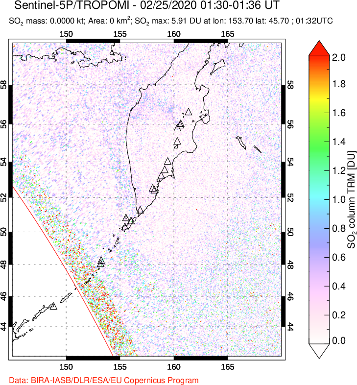 A sulfur dioxide image over Kamchatka, Russian Federation on Feb 25, 2020.