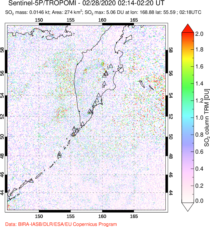 A sulfur dioxide image over Kamchatka, Russian Federation on Feb 28, 2020.