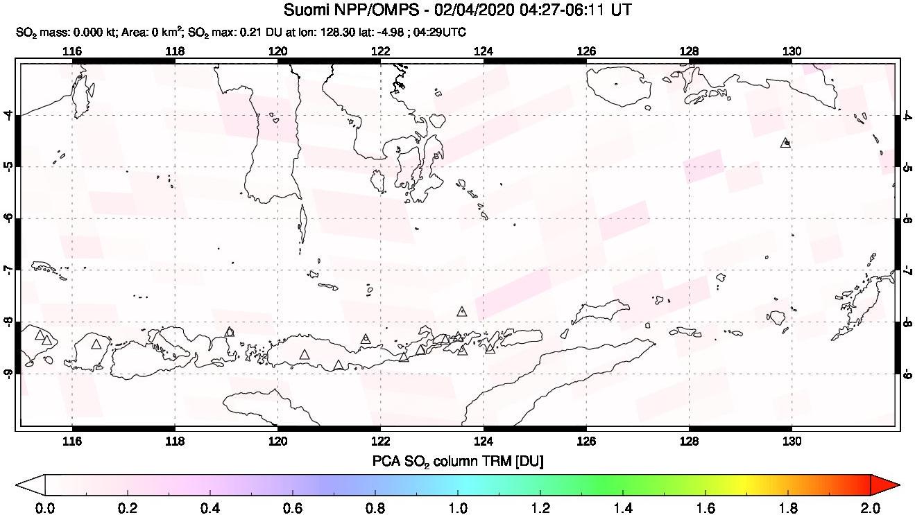 A sulfur dioxide image over Lesser Sunda Islands, Indonesia on Feb 04, 2020.