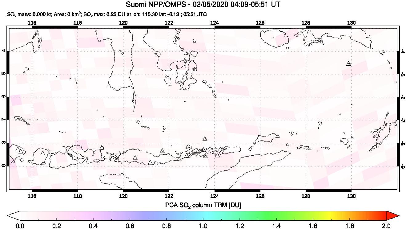 A sulfur dioxide image over Lesser Sunda Islands, Indonesia on Feb 05, 2020.