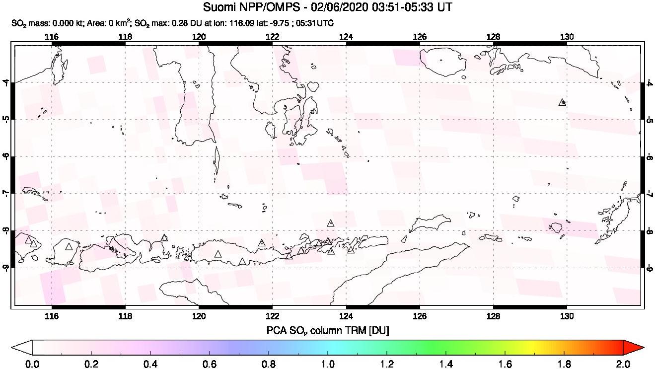 A sulfur dioxide image over Lesser Sunda Islands, Indonesia on Feb 06, 2020.