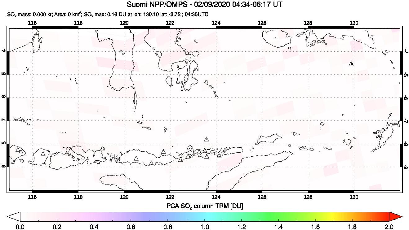 A sulfur dioxide image over Lesser Sunda Islands, Indonesia on Feb 09, 2020.