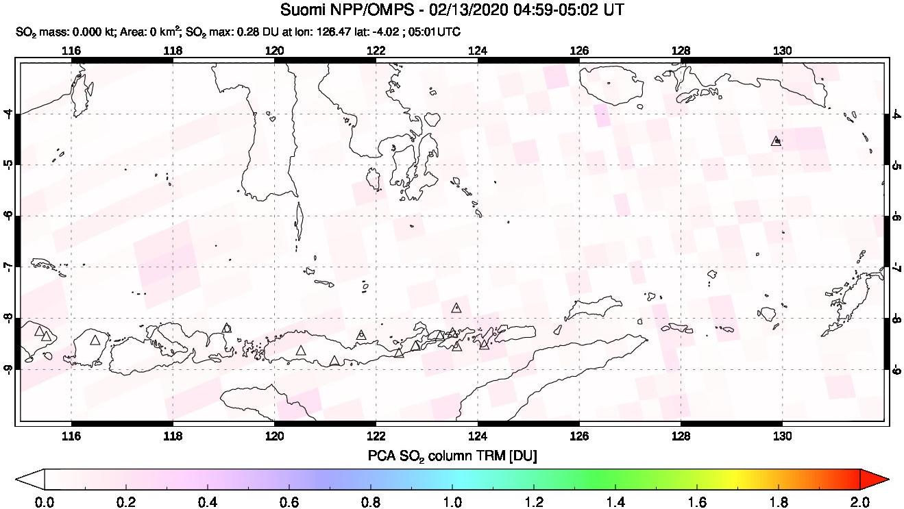 A sulfur dioxide image over Lesser Sunda Islands, Indonesia on Feb 13, 2020.