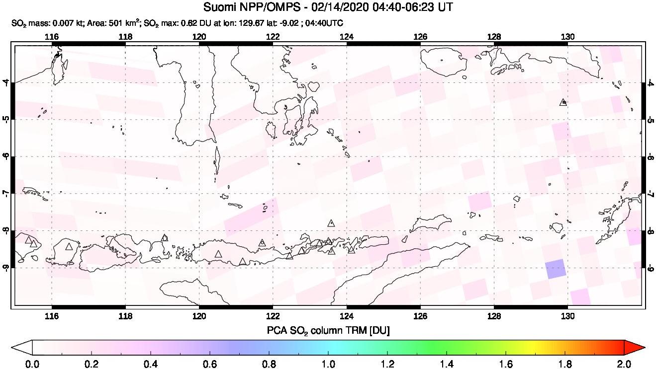 A sulfur dioxide image over Lesser Sunda Islands, Indonesia on Feb 14, 2020.