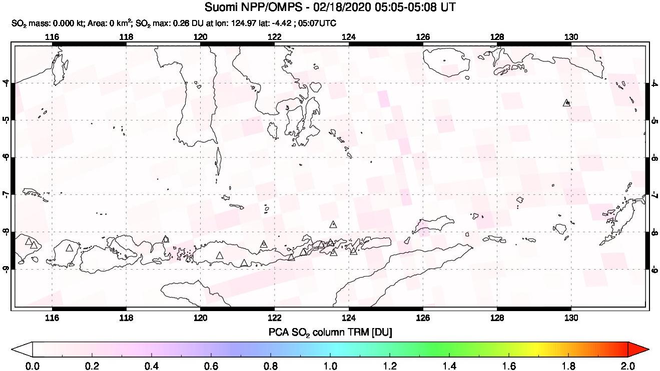 A sulfur dioxide image over Lesser Sunda Islands, Indonesia on Feb 18, 2020.