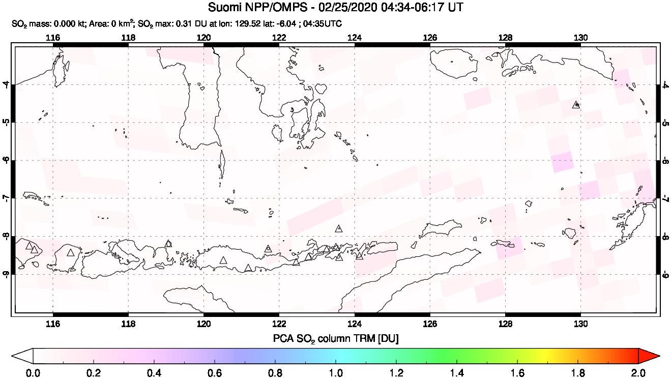 A sulfur dioxide image over Lesser Sunda Islands, Indonesia on Feb 25, 2020.