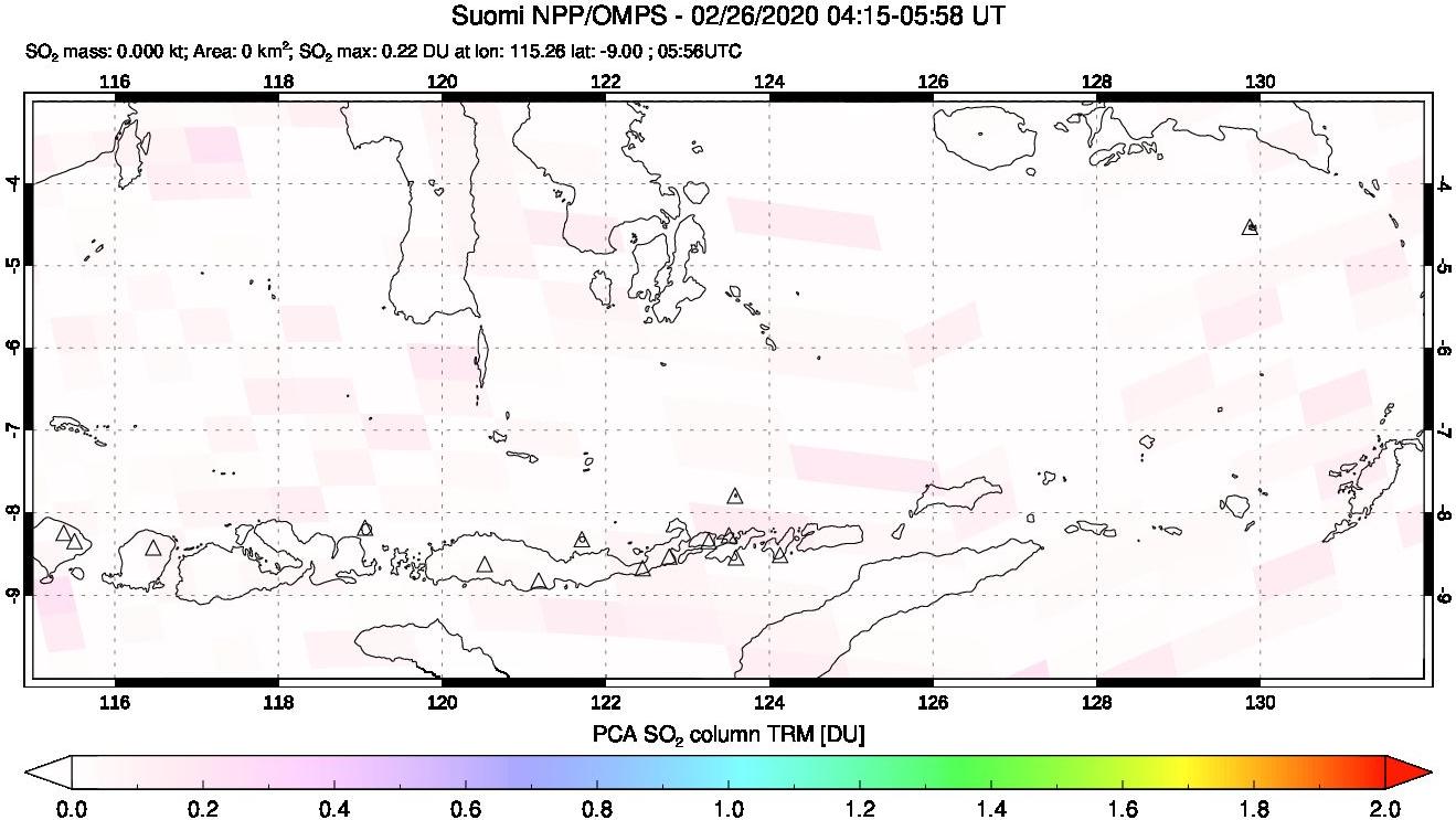 A sulfur dioxide image over Lesser Sunda Islands, Indonesia on Feb 26, 2020.