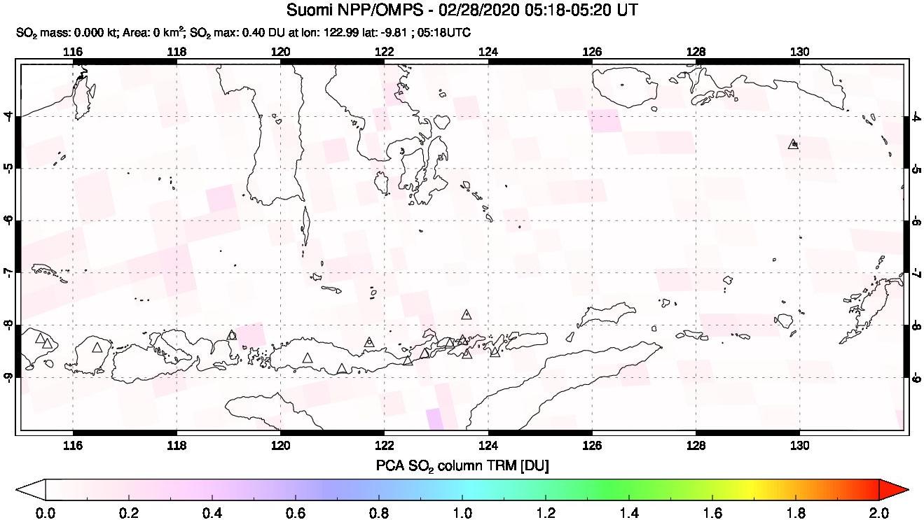 A sulfur dioxide image over Lesser Sunda Islands, Indonesia on Feb 28, 2020.