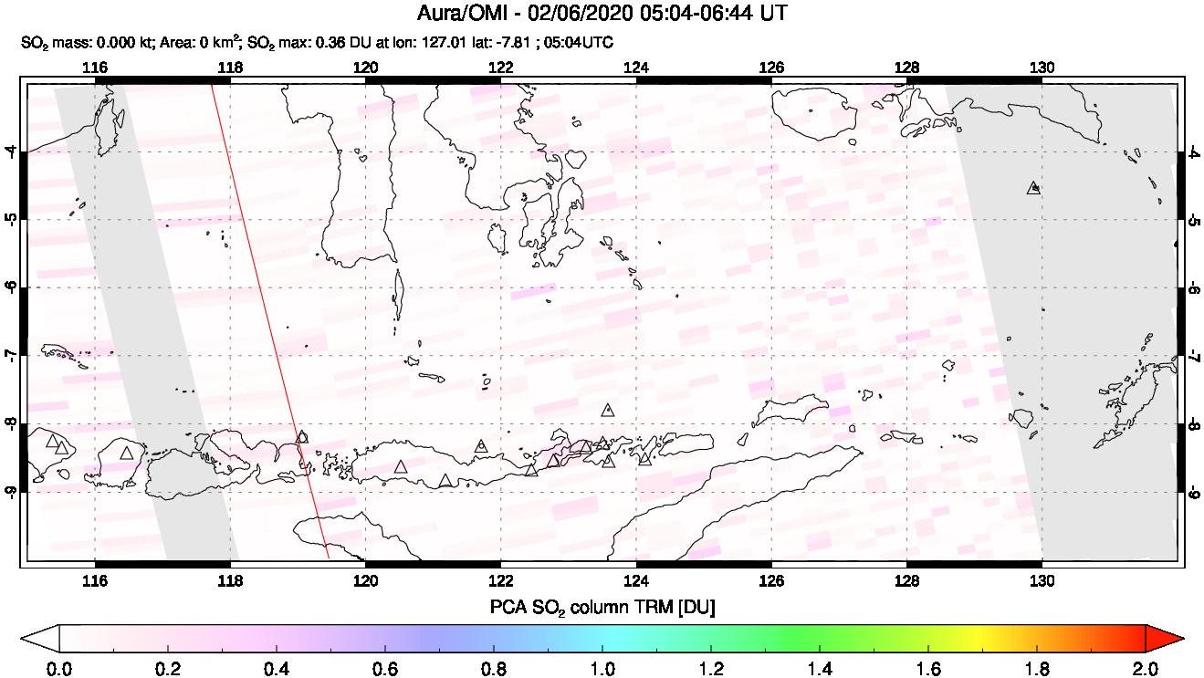A sulfur dioxide image over Lesser Sunda Islands, Indonesia on Feb 06, 2020.
