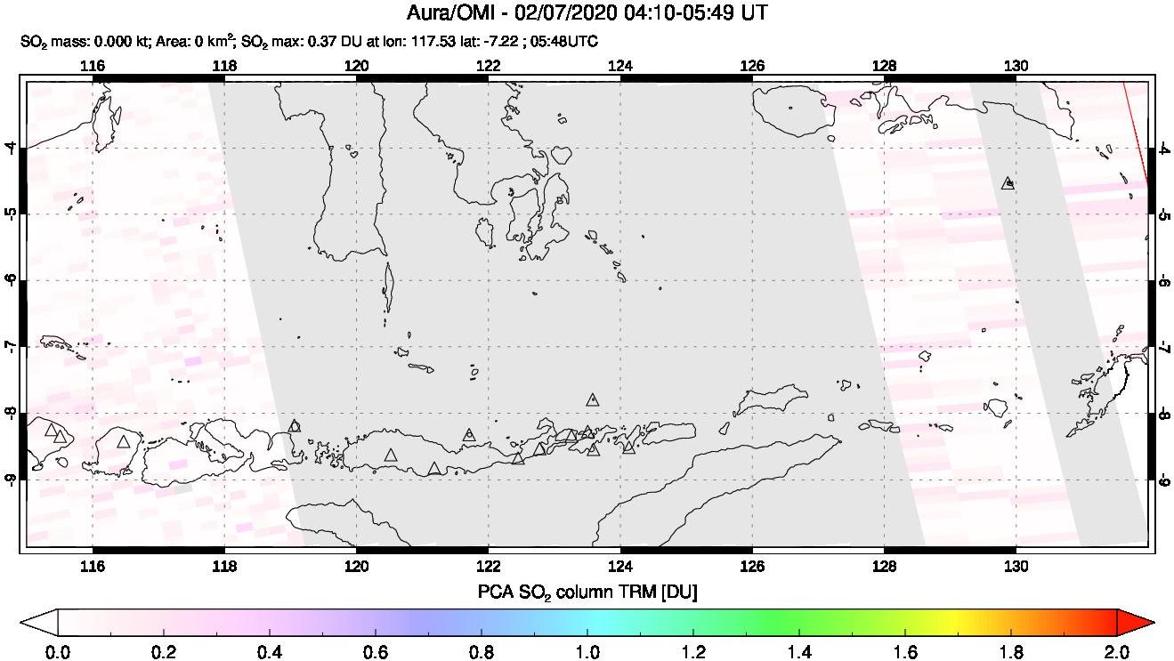 A sulfur dioxide image over Lesser Sunda Islands, Indonesia on Feb 07, 2020.
