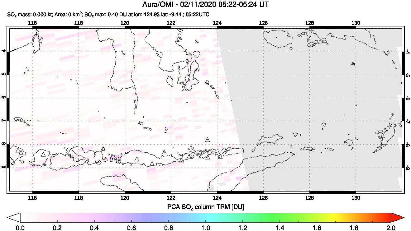 A sulfur dioxide image over Lesser Sunda Islands, Indonesia on Feb 11, 2020.