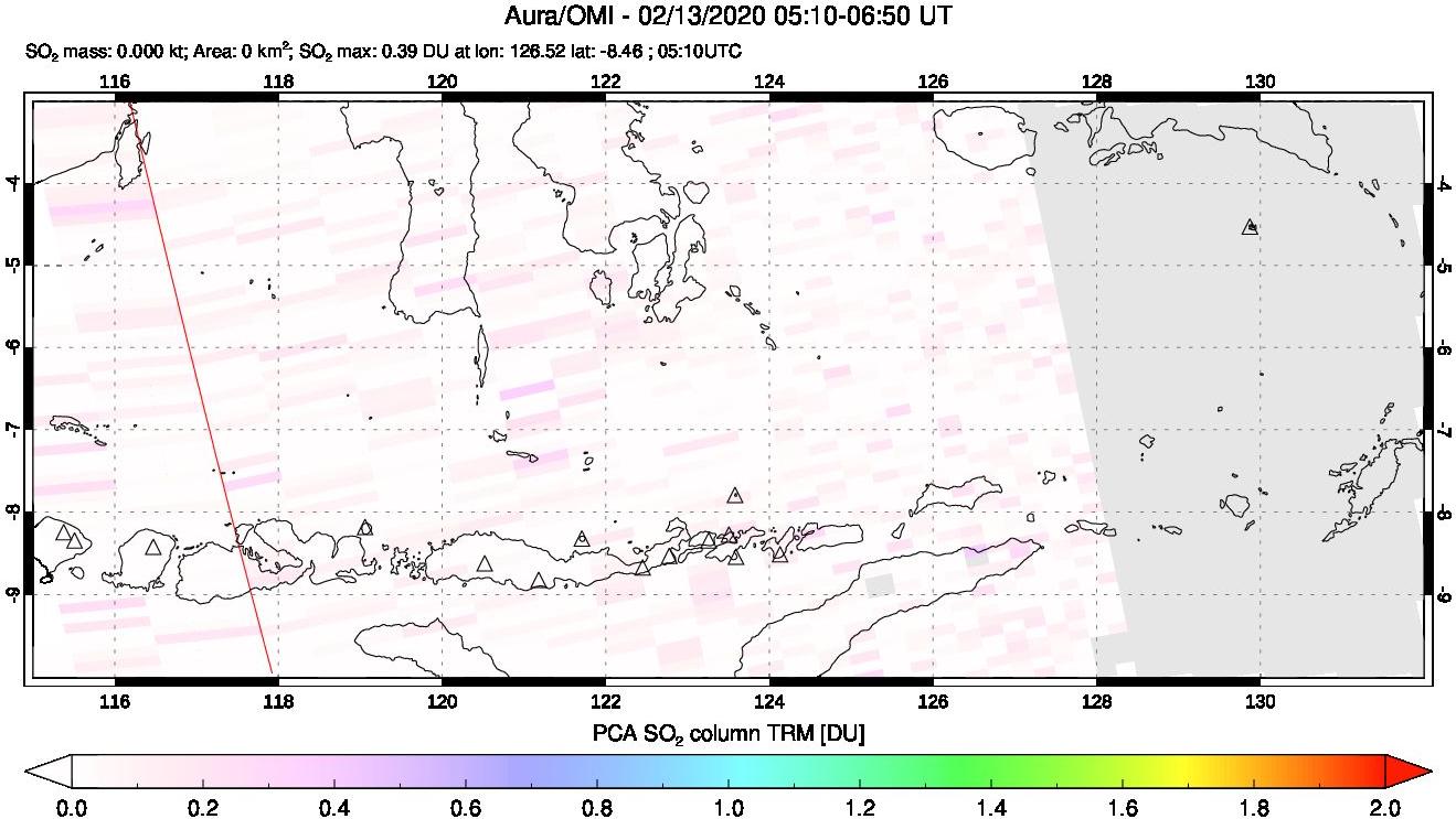 A sulfur dioxide image over Lesser Sunda Islands, Indonesia on Feb 13, 2020.