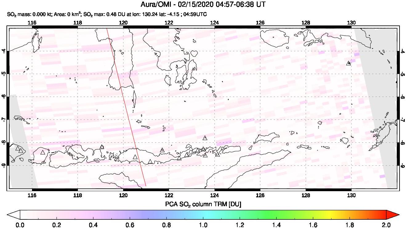 A sulfur dioxide image over Lesser Sunda Islands, Indonesia on Feb 15, 2020.