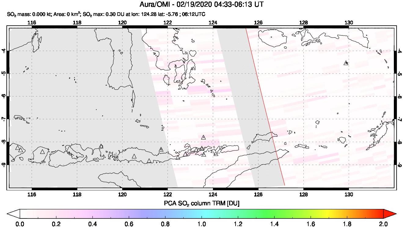 A sulfur dioxide image over Lesser Sunda Islands, Indonesia on Feb 19, 2020.