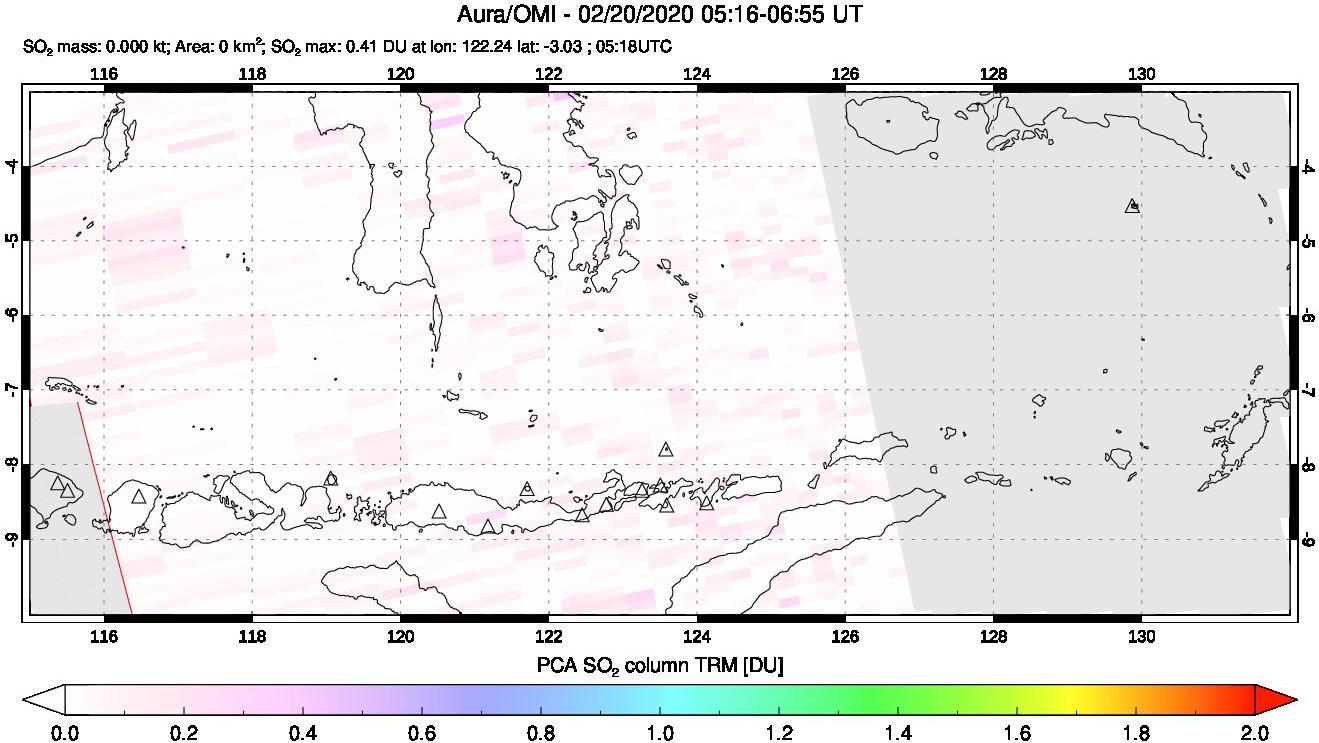 A sulfur dioxide image over Lesser Sunda Islands, Indonesia on Feb 20, 2020.