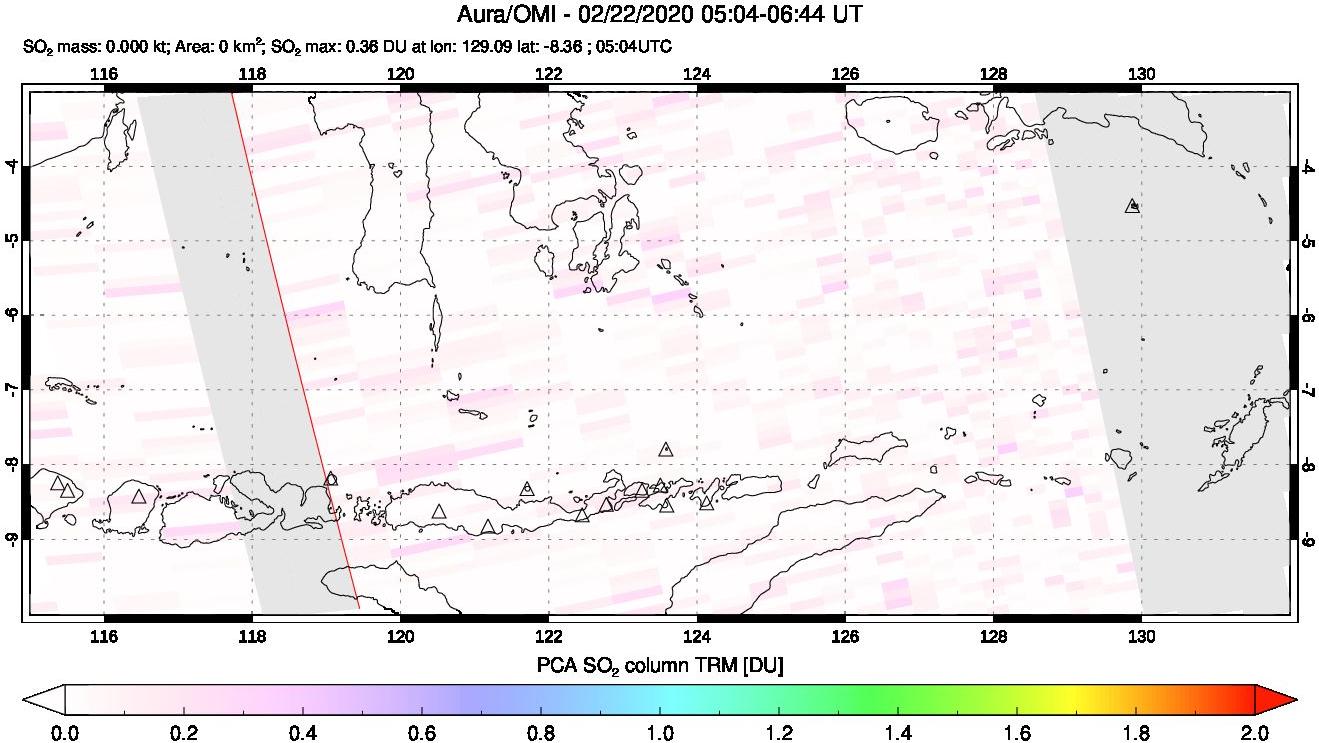A sulfur dioxide image over Lesser Sunda Islands, Indonesia on Feb 22, 2020.