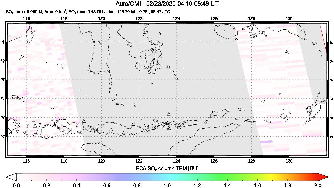 A sulfur dioxide image over Lesser Sunda Islands, Indonesia on Feb 23, 2020.