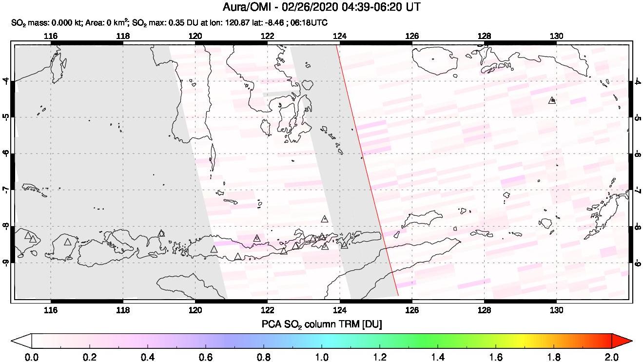 A sulfur dioxide image over Lesser Sunda Islands, Indonesia on Feb 26, 2020.