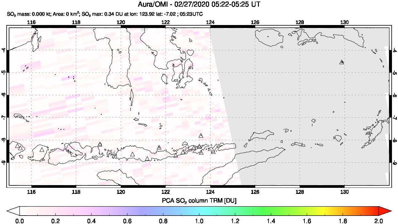 A sulfur dioxide image over Lesser Sunda Islands, Indonesia on Feb 27, 2020.