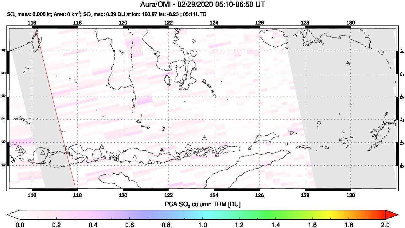 A sulfur dioxide image over Lesser Sunda Islands, Indonesia on Feb 29, 2020.