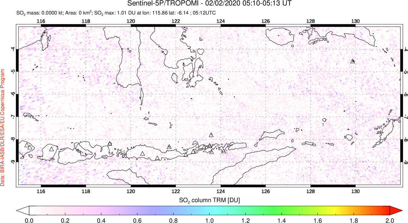 A sulfur dioxide image over Lesser Sunda Islands, Indonesia on Feb 02, 2020.