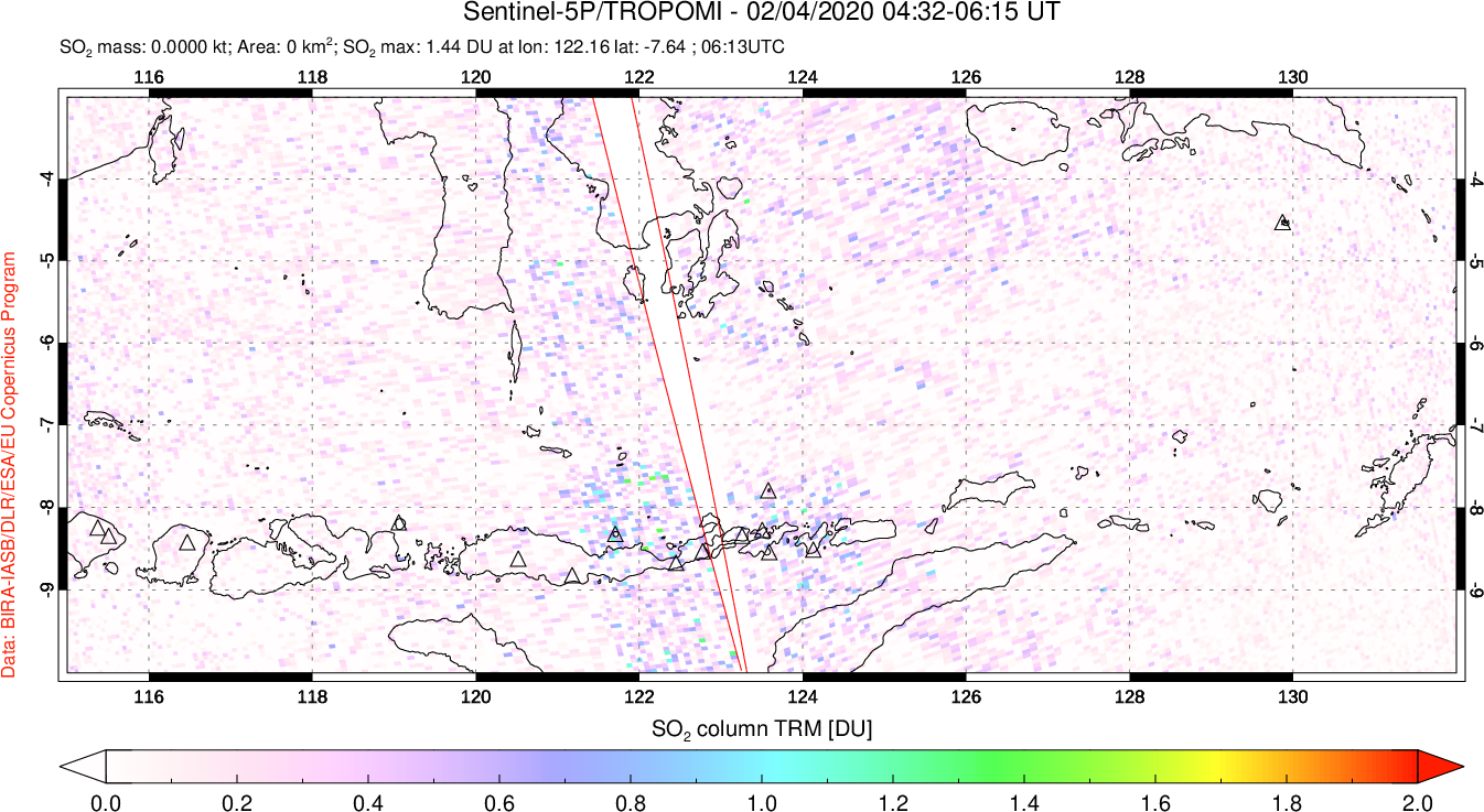A sulfur dioxide image over Lesser Sunda Islands, Indonesia on Feb 04, 2020.