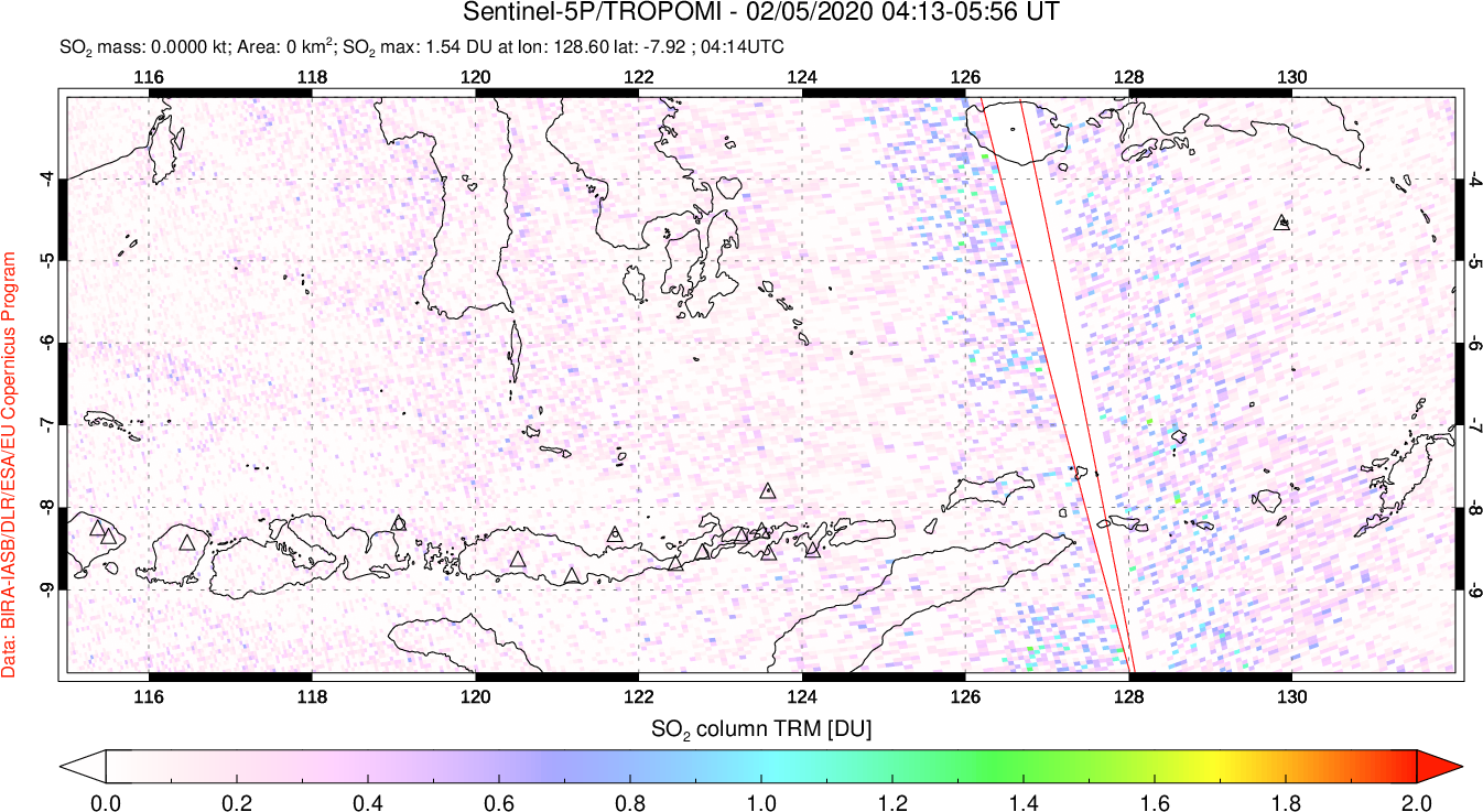 A sulfur dioxide image over Lesser Sunda Islands, Indonesia on Feb 05, 2020.