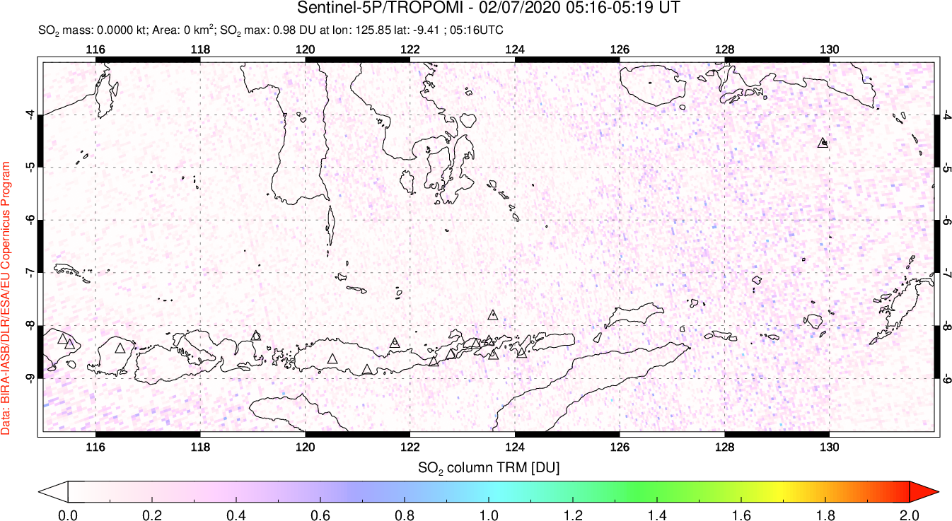 A sulfur dioxide image over Lesser Sunda Islands, Indonesia on Feb 07, 2020.