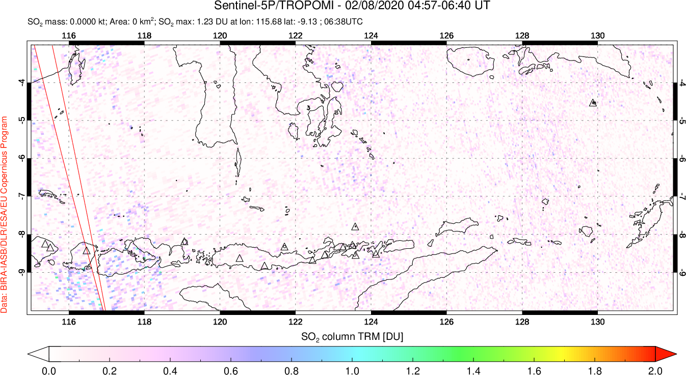 A sulfur dioxide image over Lesser Sunda Islands, Indonesia on Feb 08, 2020.