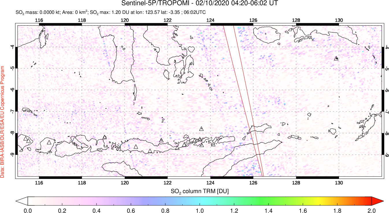 A sulfur dioxide image over Lesser Sunda Islands, Indonesia on Feb 10, 2020.