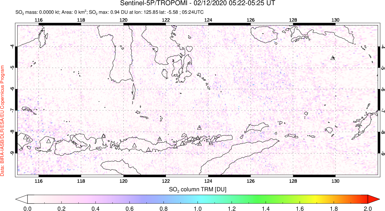 A sulfur dioxide image over Lesser Sunda Islands, Indonesia on Feb 12, 2020.