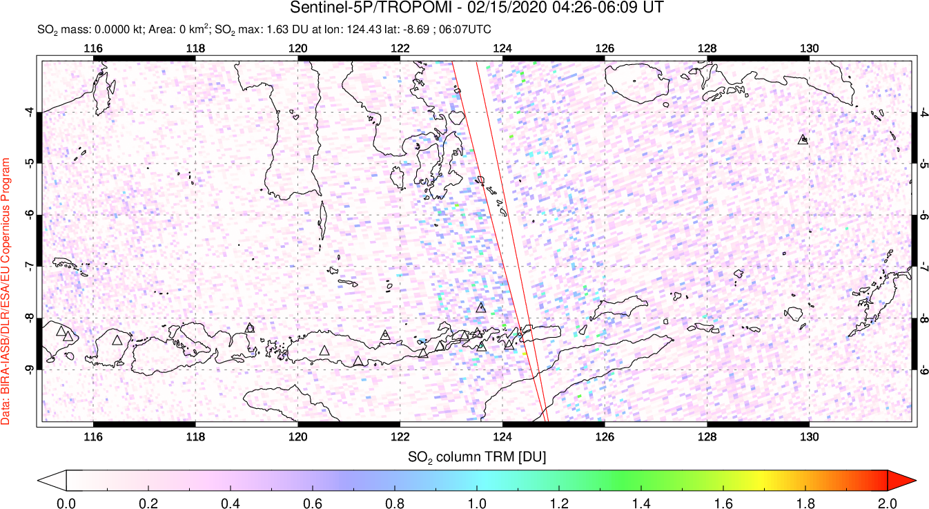 A sulfur dioxide image over Lesser Sunda Islands, Indonesia on Feb 15, 2020.