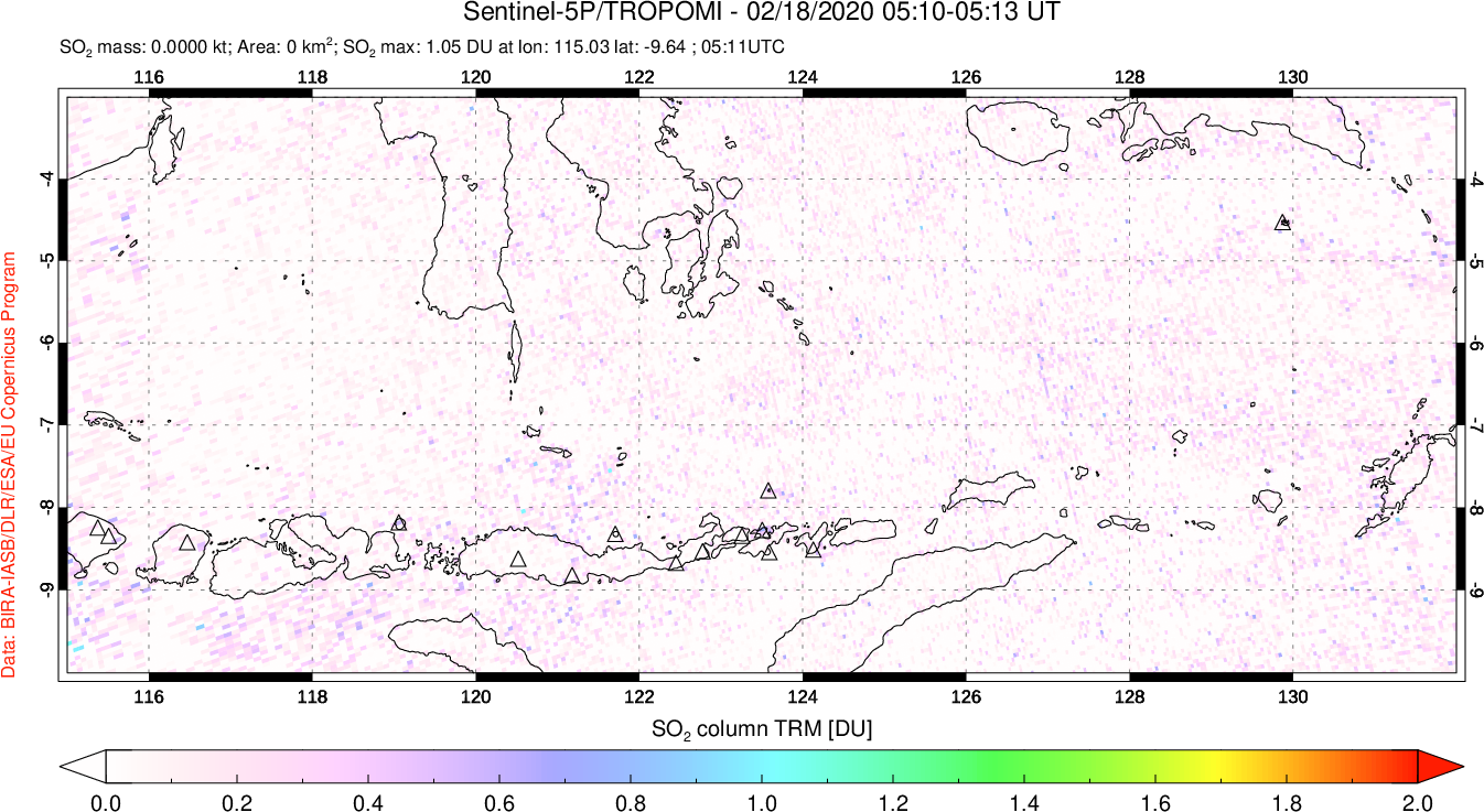A sulfur dioxide image over Lesser Sunda Islands, Indonesia on Feb 18, 2020.