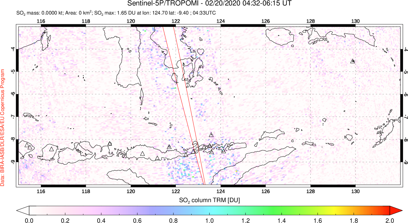 A sulfur dioxide image over Lesser Sunda Islands, Indonesia on Feb 20, 2020.