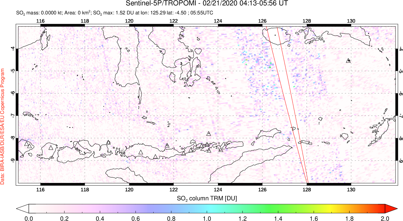 A sulfur dioxide image over Lesser Sunda Islands, Indonesia on Feb 21, 2020.